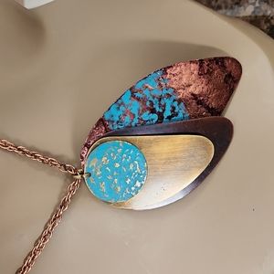 Long Copper Chain Necklace with Patina Metal Disks